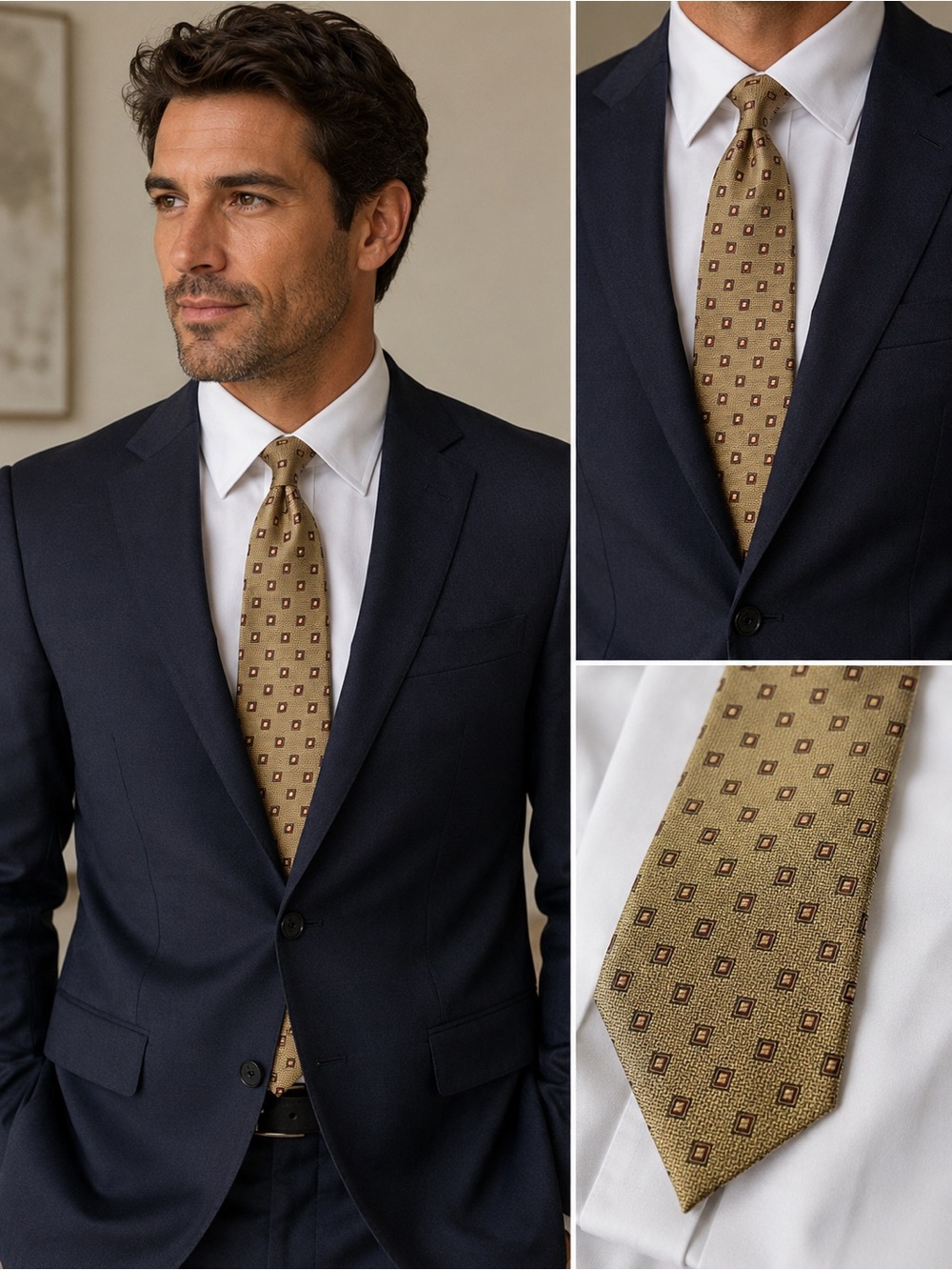 Barneys New York Navy Suit with Gold Patterned Tie